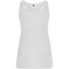 A white tank top with a fitted design and a logo at the neckline. The product is styled as a singlet.