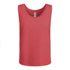 A coral tank top with a round neckline and a label inside, featuring a logo. Suitable as a singlet.