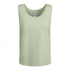 A light green tank top with a round neck and wide armholes, featuring a logo at the label.