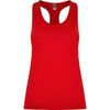 A red tank top with a racerback design, featuring a branding logo on the inside label.