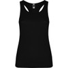 A black tank top with cut-out shoulder details and a logo. Suitable for casual wear or active use.