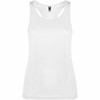 A white tank top featuring a sleek design and a logo on the neckline. Ideal for casual wear or exercise.