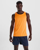 An orange Andre tank top displayed on a model, paired with navy shorts. The tank has a brand logo.