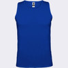 A blue tank top with a crew neckline and a label, featuring a logo.