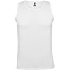 A white tank top with a logo, featuring a classic singlet design.