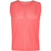 A sleeveless sports bib in vibrant coral colour, featuring a subtle sheen and a logo on the back.