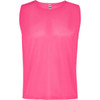 A pink sleeveless sports bib with a round neckline and a logo on the label.