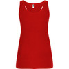 A red tank top with a fitted design and thin shoulder straps, featuring a logo.