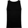 A black singlet tank top with a round neckline and no sleeves. It features a logo on the front.