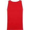 A red tank top with a classic singlet design and a logo on the label.