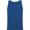 A blue tank top with a round neckline and a simple design, featuring a logo on the front.