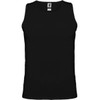 A black tank top with a round neckline and a logo on the label. It features no sleeves and a fitted design.