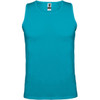 A turquoise tank top with a fitted style and a logo on the label. Ideal for warm weather wear.