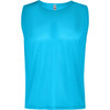 A turquoise sports bib with a sleeveless design and a label inside. It features a simple, solid colour.