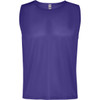 A purple youth sports bib with a sleeveless design and a logo. Suitable for various sports uniforms.
