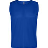 A blue sleeveless sports bib featuring a logo, suitable for youth sports uniforms.