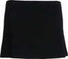 A black sports skort with a flared design, featuring an elastic waistband and a logo.