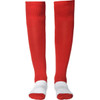Red soccer sport socks with white accents, featuring a smooth texture and a logo on the exterior.