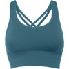 A teal cropped tank top with crisscross straps at the back and a smooth, fitted design.