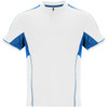 A white sports shirt with blue accents and a zip neck, featuring a logo on the front.