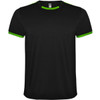 A black sports t-shirt with green accents on the collar and sleeves, featuring a logo.