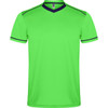 A green sports uniform T-shirt with a V-neck and navy blue trim on the shoulders and sleeves, featuring a logo.