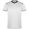 A white sports uniform t-shirt with black accents and a V-neck design. It features a logo on the front.