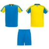 A sports uniform set featuring a blue T-shirt with yellow accents and a matching pair of blue shorts.
