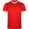 A red sports uniform shirt with a V-neck and white trim, featuring a logo on the neckline.