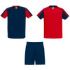 A sports uniform set featuring a blue and red short-sleeve shirt and blue shorts, with branding on the shirt.