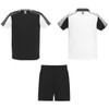 A sports set featuring a black and white jersey with striped details and matching black shorts. Includes a logo.