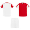 A red and white sports uniform set featuring a short-sleeve shirt and matching shorts, with a logo.