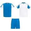 A sports uniform set featuring two blue shirts and blue shorts, with a logo on the shirts.