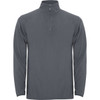 A grey polar fleece half zip sweatshirt with long sleeves and a collar. It features a subtle branding logo.