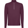 A maroon half zip sweatshirt with long sleeves and a subtle zipper detail at the neck. It features a logo.