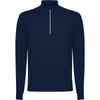 A navy half-zip sweatshirt with long sleeves, featuring a white zip detail and a branding logo.