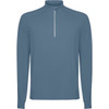 A half zip sweatshirt in a muted blue colour, featuring long sleeves and a white zip detail at the neck.