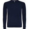 A navy sweatshirt with a ribbed crew neckline and long sleeves, featuring a logo on the inside neck.