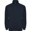 A navy blue half zip sweatshirt with long sleeves and a high collar, featuring a small zip at the neck and a logo.