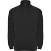 A black half zip sweatshirt with long sleeves and a stand collar design. It features a logo on the front.