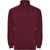 Burgundy half zip sweatshirt with a pullover design and a collar. Features a small logo on the front.