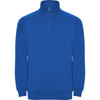 A vibrant blue half zip sweatshirt with a high collar and long sleeves, featuring a logo on the front.