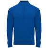 A blue half-zip sweatshirt with long sleeves, featuring a logo on the front.