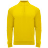 A bright yellow half zip sweatshirt featuring a ribbed hem and cuffs, with a logo on the front.