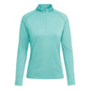 A mint green women's sweatshirt with a quarter zip and long sleeves, featuring a logo on the chest.