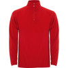 A red polar fleece sweatshirt featuring a half zip and long sleeves, with a logo on the chest.