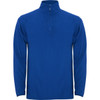 A blue polar fleece half zip sweatshirt featuring long sleeves and a zippered collar. It has a logo on it.