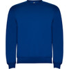 A blue sweatshirt with a round neckline and long sleeves, featuring a logo on the front.