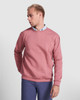 A pink sweatshirt with a round neckline, featuring a relaxed fit and long sleeves, worn over a collared shirt.