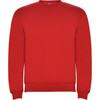 A red sweatshirt with a crew neck and long sleeves, featuring a small logo on the neckline.